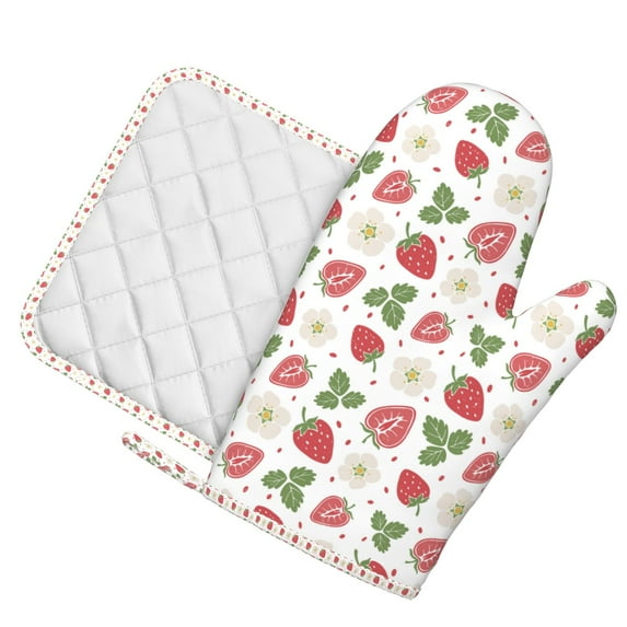 Honeii Strawberry patten Oven Mitts and Pot Holders Sets, Baker Oven Mitts, Mittens for Kitchen Decor, Baking Lover over Gloves Gifts