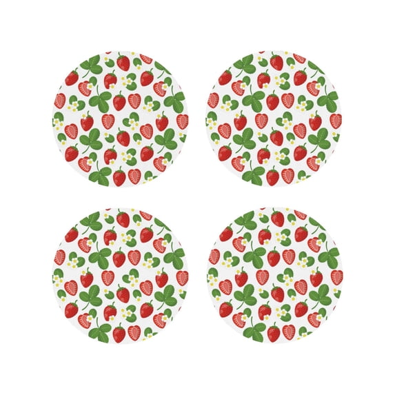 Honeii Strawberry print Leather Coaster Set of 4, ideal for safeguarding your furniture from drinks spills and effortless cleanup-Round Shape