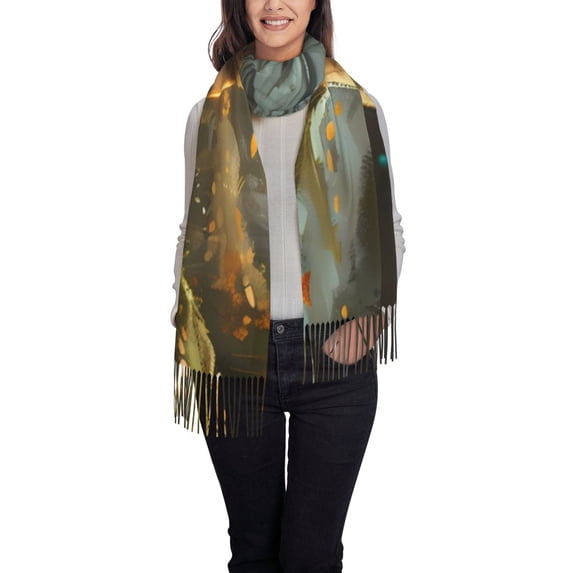Honeii Streamside Meditating Fox Print Scarf Oversized Scarf Tassel Fall Winter Thick Scarf Warm Shawl Women,Women's Scarves & Wraps