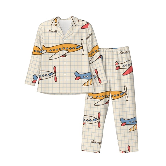 Honeii Striped Vintage Planes Pattern Mens Pajamas Set,2pcs Men's Lounge Long Sleeve Sleep Shirt and Pajama Bottoms Sleepwear Set,Mens Pjs Sets-X-Large