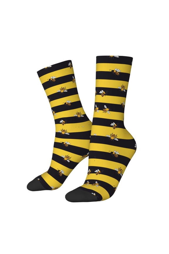 Striped With Bees Print Adult Socks,Crew Socks,Casual Calf Socks,Daily Wear Socks for Men & Women, Perfect for Sports, Casual and Everyday Use