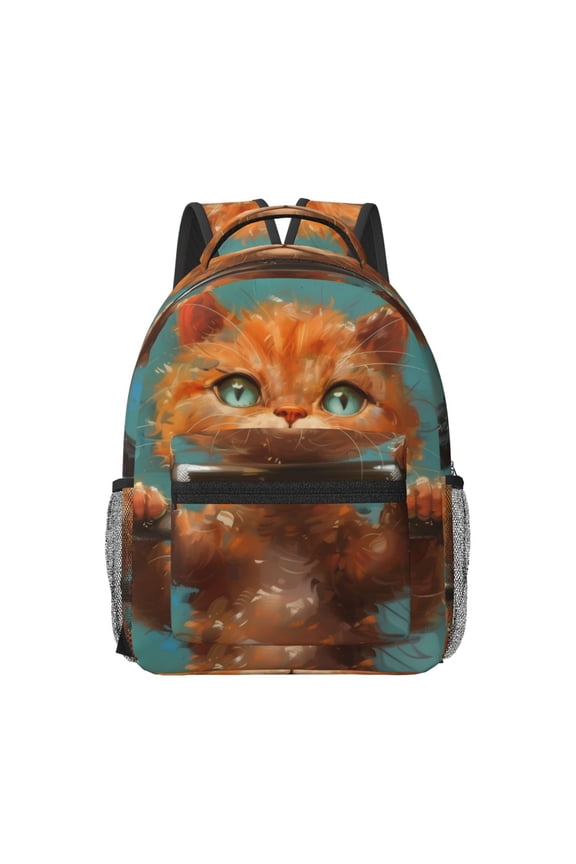Strong Kitten Lifting Weights Print Backpack for School,15.6 inch Laptop Back Pack for High School and College Students, Waterproof Computer Bookbag-One Size