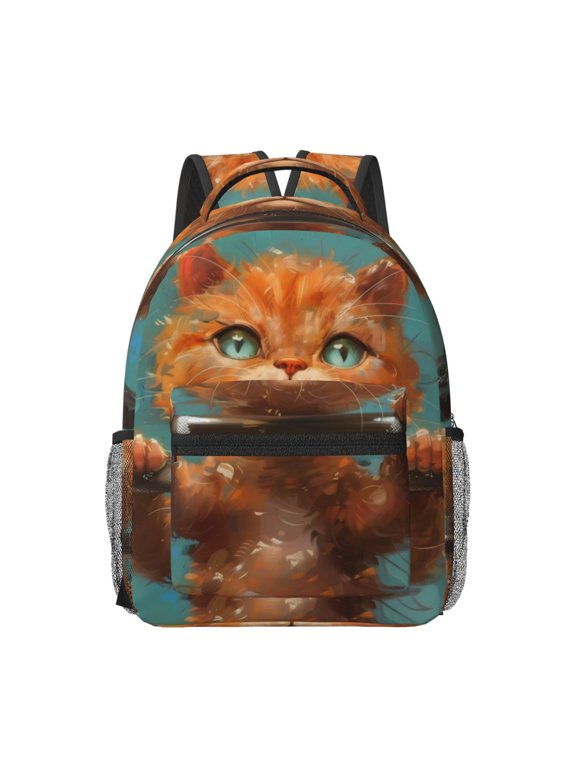 Strong Kitten Lifting Weights Print Backpack for School,15.6 inch Laptop Back Pack for High School and College Students, Waterproof Computer Bookbag-One Size