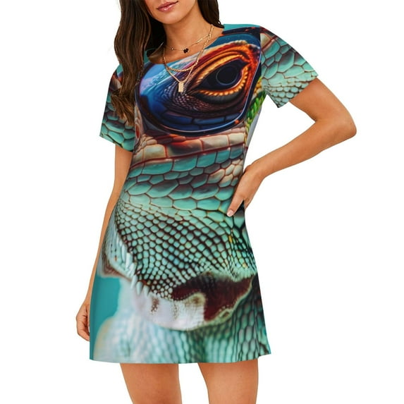 Honeii Stylish Sunglasses Iguana Print Women's Loose Short Sleeve Nightgown, Soft Cotton Sleepwear, Comfy Loose Fit Pajama Dress for Sleep and Lounge