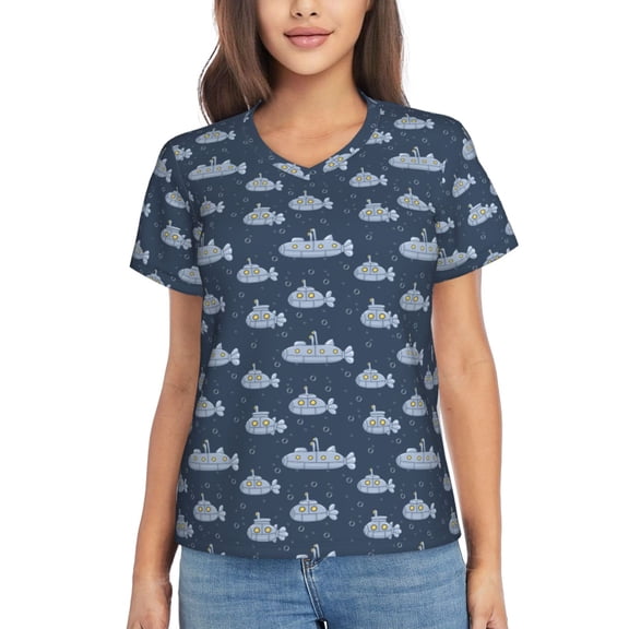 Honeii Submarine With Periscope Print Women's Classic V-Neck T-Shirt,Womens Fashion Tops,Stylish Everyday Top for Women, Casual Summer Spring Outfits Clothes-Small
