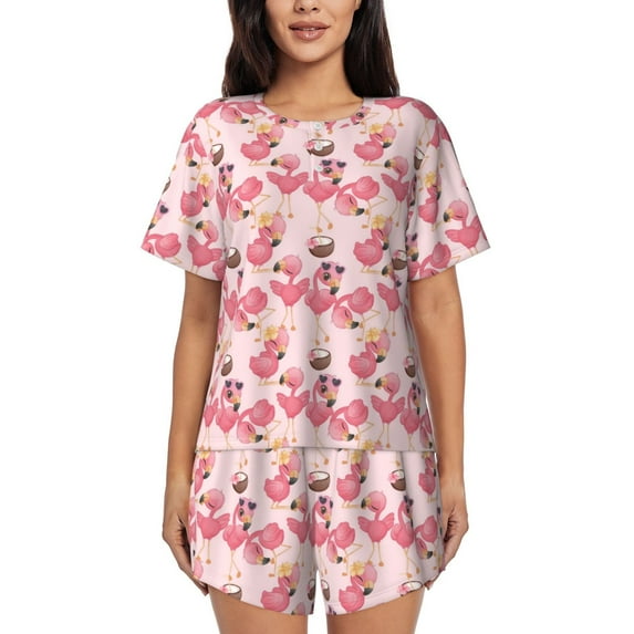 Honeii Summer Flamingo for Women's Summer Pajama Set featuring Soft Short Sleeve Shirt & Matching Bottoms with Convenient Pockets for Relaxed Home Wear-Small