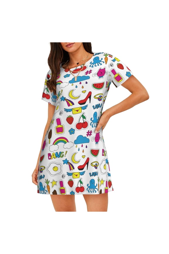 Summer Print Women's Loose Short Sleeve Nightgown, Soft Cotton Sleepwear, Comfy Loose Fit Pajama Dress for Sleep and Lounge