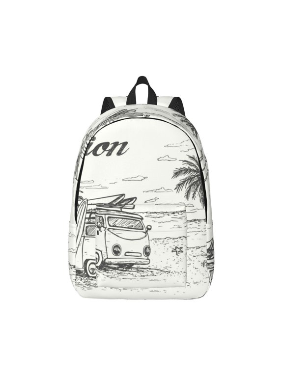 Summer Vacation Scene With Camping Van Print Canvas College Laptop Backpack, Durable Rucksack Travel Notebook Bag School Backpack Book Bag for Men Women-Medium
