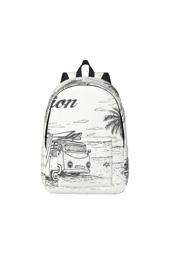 Summer Vacation Scene With Camping Van Print Canvas College Laptop Backpack, Durable Rucksack Travel Notebook Bag School Backpack Book Bag for Men Women-Medium