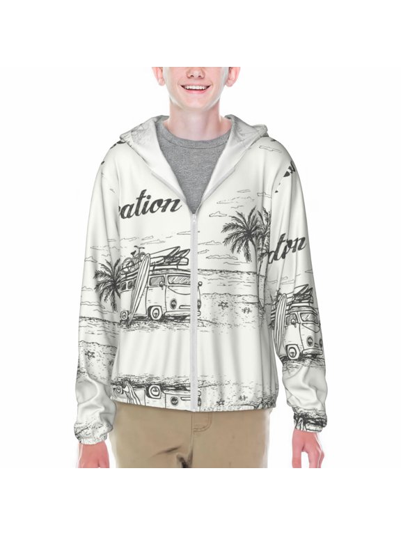 Summer Vacation Scene With Camping Van Print Sun Protection Jacket Hooded Cooling Shirt with Pockets Hiking Outdoor Performance-Small