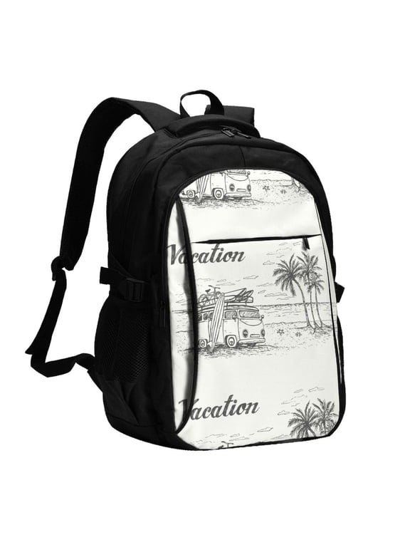 Summer Vacation Scene With Camping Van for Travel Laptop Backpack, Business Laptops Backpack with USB Charging Port, College High School Computer Bag for Men Women