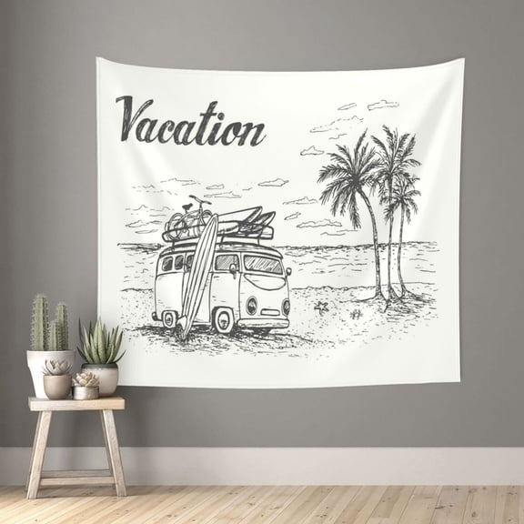 Honeii Summer Vacation Scene With Camping Van print Tapestry for Bedroom, Tapestry Wall Tapestry Aesthetic, Room Decor Classroom Tapestries for Living Room Dorm Room 51" X 60"