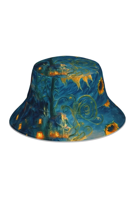 Sunflower Castle Starry Sky for Unisex Bucket Hat Waterproof Rain Hat Reversible Shiny Rave Bucket Hat for Concert Festival Boonie Cap