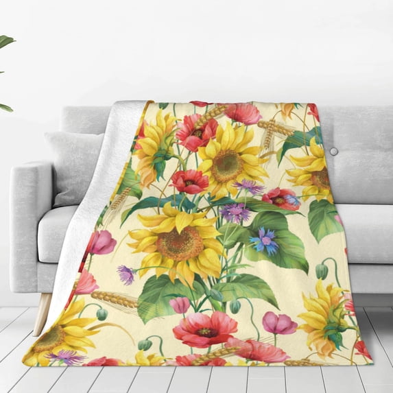 Honeii Sunflower Cornflower Poppy Print Fleece Blanket - Throw Blanket for Bed, Sofa, Couch, Camping, and Travel , Microplush Ultra Soft Warm Blanket-80"x60"