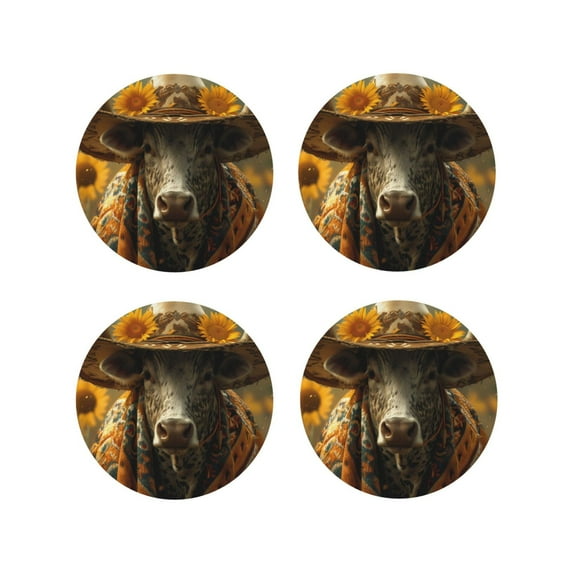 Honeii Sunflower Cowboy Hat Cow print Leather Coaster Set of 4, ideal for safeguarding your furniture from drinks spills and effortless cleanup-Round Shape