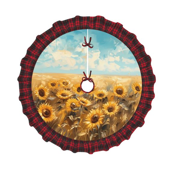 Honeii Sunflower Field Bliss Pattern Christmas Tree Skirt, Christmas Ribbon Holly Winter Holiday Tree Mat Decoration-30"