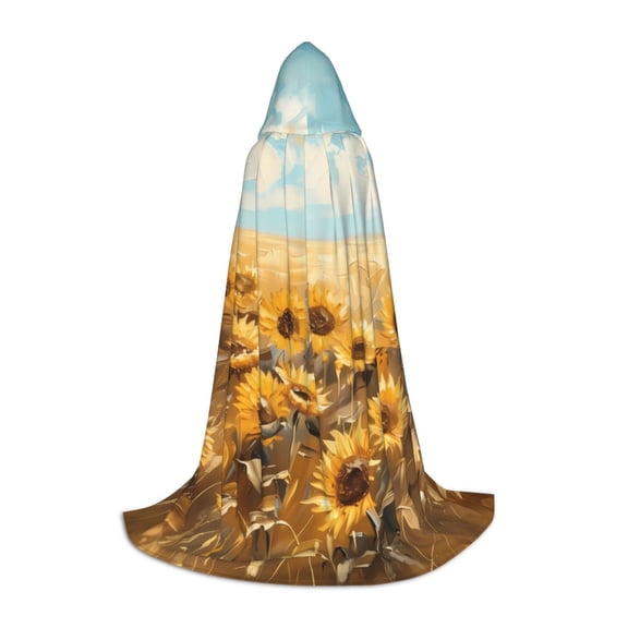 Honeii Sunflower Field Bliss Print Poncho Cape, Cloak Coat, Snuggly Hooded Wearable Blanket, Hooded Cape For Teenagers,Halloween Costumes-Large