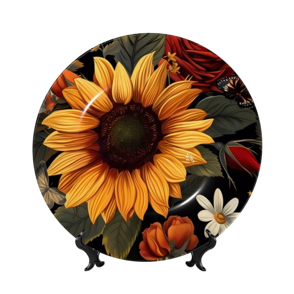 Honeii Sunflower Floral Butterfly Print Elegant Bone China Decorative Plate, Porcelain Plate,Art Crafts,Ceramic Ornaments for Home Office Wall Decor-10in