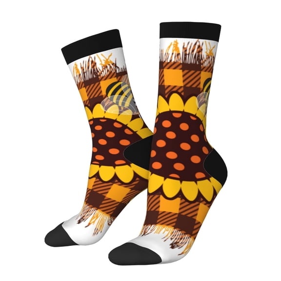 Honeii Sunflower Gnomes and Bees Print Adult Socks,Crew Socks,Casual Calf Socks,Daily Wear Socks for Men & Women, Perfect for Sports, Casual and Everyday Use