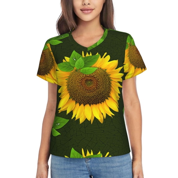 Honeii Sunflower Print Women's Classic V-Neck T-Shirt,Womens Fashion Tops,Stylish Everyday Top for Women, Casual Summer Spring Outfits Clothes-Medium