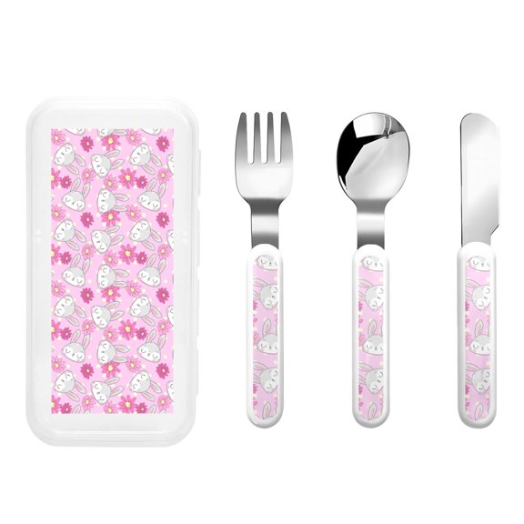 Honeii Sunflower Rabbit Print Children's Knife, Fork And Spoon Set,Reusable Utensils Set with Case,Travel Cutlery Set,for Kids Adults Camping