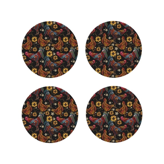 Honeii Sunflower Rooster print Leather Coaster Set of 4, ideal for safeguarding your furniture from drinks spills and effortless cleanup-Round Shape