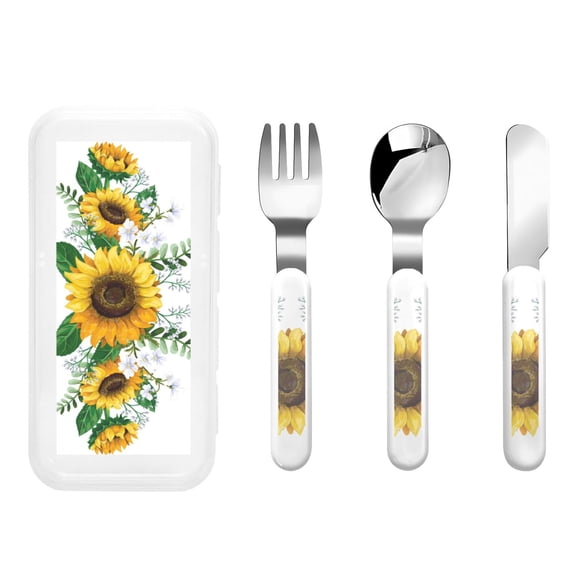 Honeii Sunflowers (2) Print Children's Knife, Fork And Spoon Set,Reusable Utensils Set with Case,Travel Cutlery Set,for Kids Adults Camping