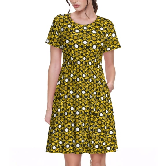 Honeii Sunflowers 2 Print Women’s Short Sleeve Dress, Comfortable Casual Dress, Soft Polyester Spandex Blend, Stylish Everyday Wear for Summer, Perfect for Travel and Vacation