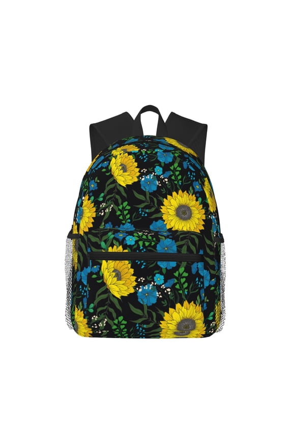 Sunflowers And Blue Flower Print School Backpack,Casual Lightweight Travel Rucksack Daypack,Backpacks for College High