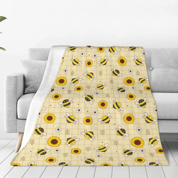 Honeii Sunflowers Bee Print Fleece Blanket - Throw Blanket for Bed, Sofa, Couch, Camping, and Travel , Microplush Ultra Soft Warm Blanket-40"x30"