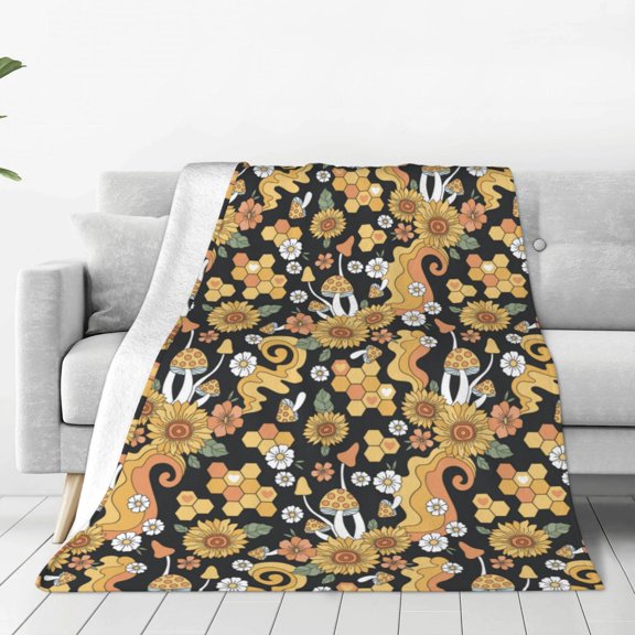 Honeii Sunflowers Bee Print Fleece Blanket - Throw Blanket for Bed, Sofa, Couch, Camping, and Travel , Microplush Ultra Soft Warm Blanket-40"x30"