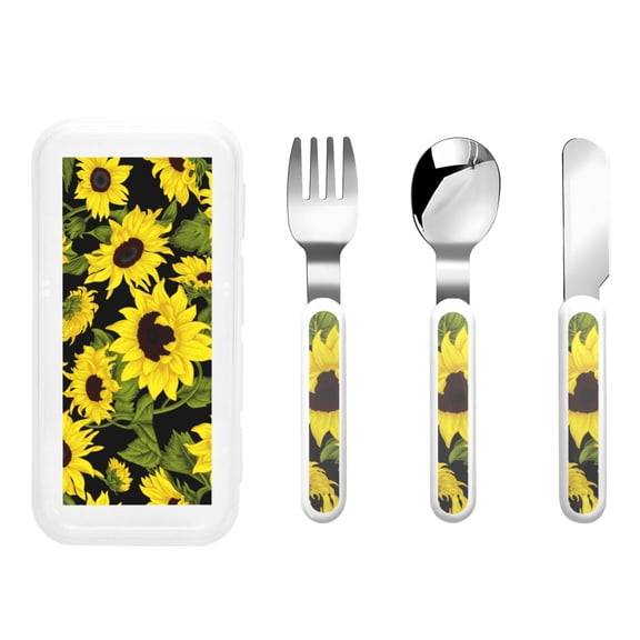 Honeii Sunflowers In Vintage Print Children's Knife, Fork And Spoon Set,Reusable Utensils Set with Case,Travel Cutlery Set,for Kids Adults Camping