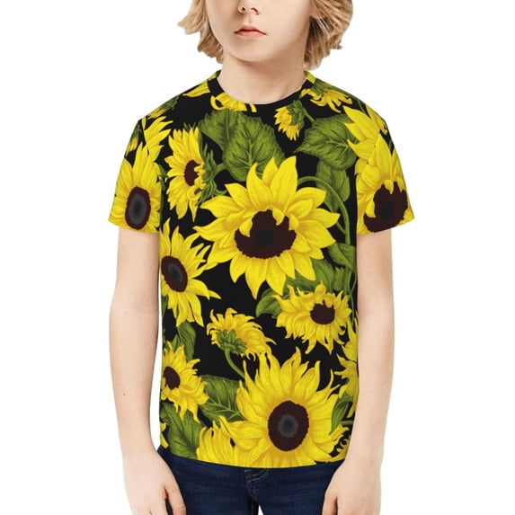 Honeii Sunflowers In Vintage Print Kids Boy T-Shirt,Breathable Round Neck Tee,Stylish Summer Tee for Boys, for Outdoor Activities and Casual Wear