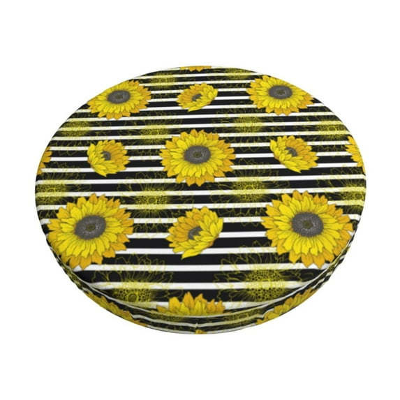 Honeii Sunflowers On Black And White Stripes Bar Stool Covers – Perfect Fit for 12" to 14" Round Stools, Crease-Resistant, Stretchy, Washable & Dustproof Seat Slipcovers-14 inch