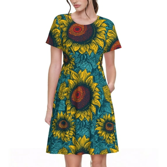 Honeii Sunflowers Print Women’s Short Sleeve Dress, Comfortable Casual Dress, Soft Polyester Spandex Blend, Stylish Everyday Wear for Summer, Perfect for Travel and Vacation