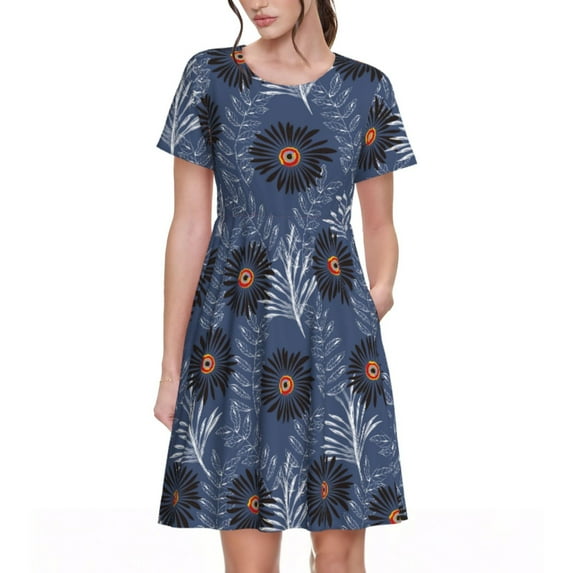 Honeii Sunflowers Print Women’s Short Sleeve Dress, Comfortable Casual Dress, Soft Polyester Spandex Blend, Stylish Everyday Wear for Summer, Perfect for Travel and Vacation