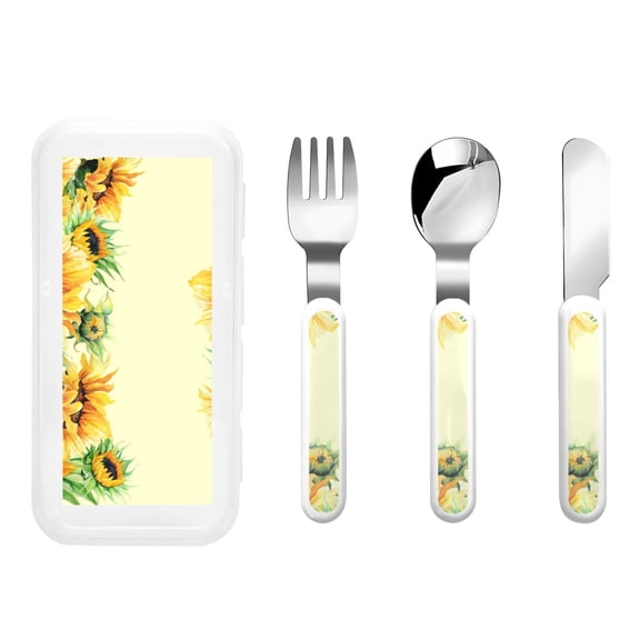 Honeii Sunflowers On A Yellow Background Print Children's Knife, Fork And Spoon Set,Reusable Utensils Set with Case,Travel Cutlery Set,for Kids Adults Camping