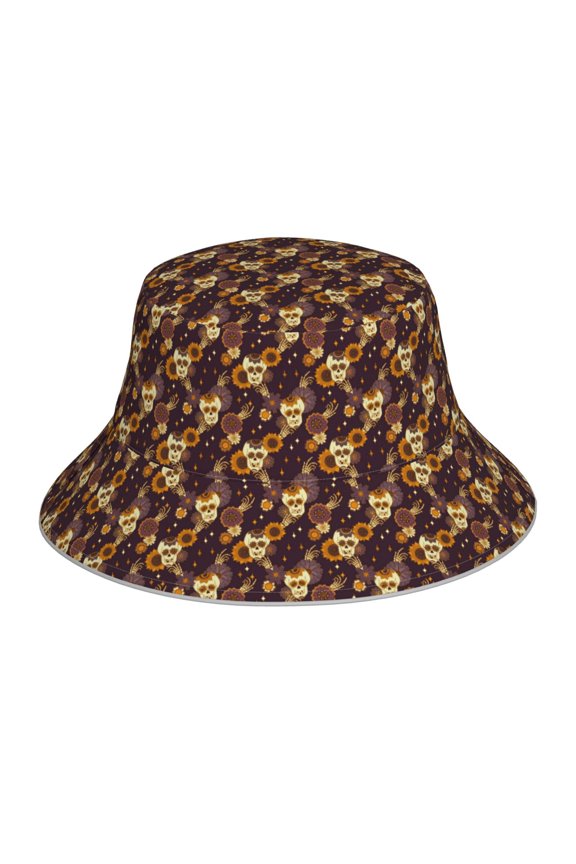 Sunflowers with Skull and Hand for Unisex Bucket Hat Waterproof Rain Hat Reversible Shiny Rave Bucket Hat for Concert Festival Boonie Cap