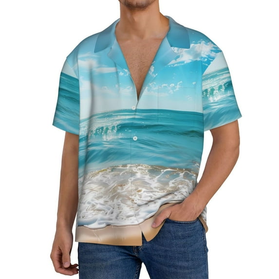 Honeii Sunny Ocean Waves for Men's Short-Sleeved Button-Up Collared Shirt Featuring A Pocket, Perfect for Beach Vacations, And Travel Adventures.-Small