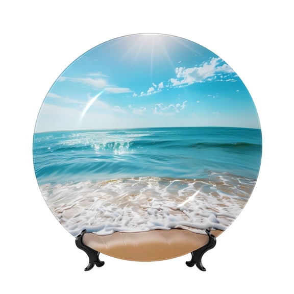 Honeii Sunny Ocean Waves Print Elegant Bone China Decorative Plate, Porcelain Plate,Art Crafts,Ceramic Ornaments for Home Office Wall Decor-6in