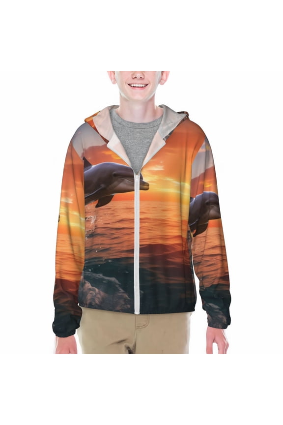 Sunset Dancing Dolphin B Print Sun Protection Jacket Hooded Cooling Shirt with Pockets Hiking Outdoor Performance-Large