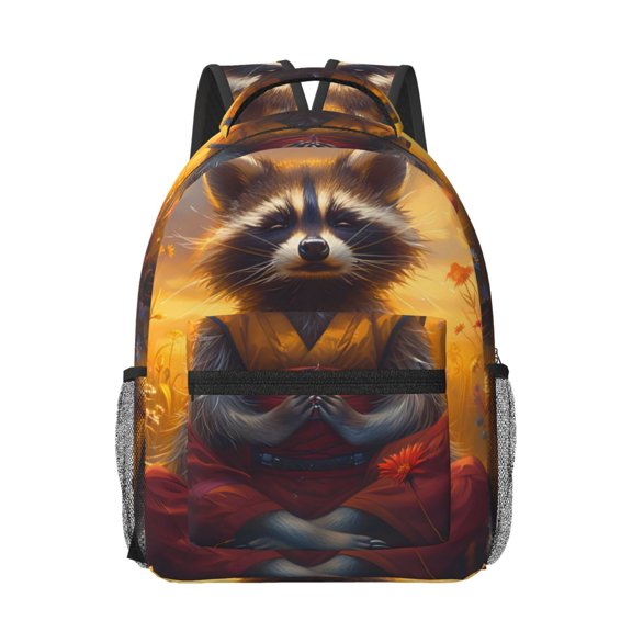 Honeii Sunset Flower Meditating Raccoon Print Backpack for School,15.6 inch Laptop Back Pack for High School and College Students, Waterproof Computer Bookbag-One Size