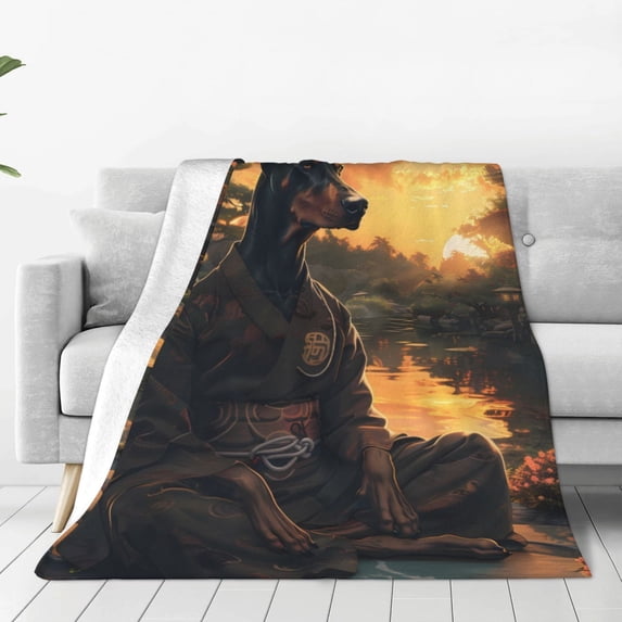 Honeii Sunset Meditating Doberman Print Fleece Blanket - Throw Blanket for Bed, Sofa, Couch, Camping, and Travel , Microplush Ultra Soft Warm Blanket-80"x60"