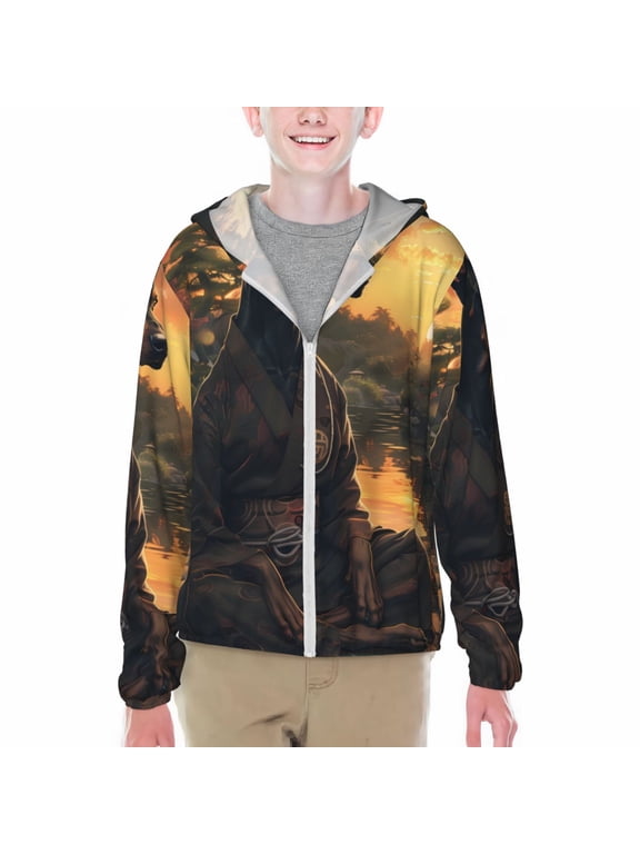 Sunset Meditating Doberman Print Sun Protection Jacket Hooded Cooling Shirt with Pockets Hiking Outdoor Performance-Medium