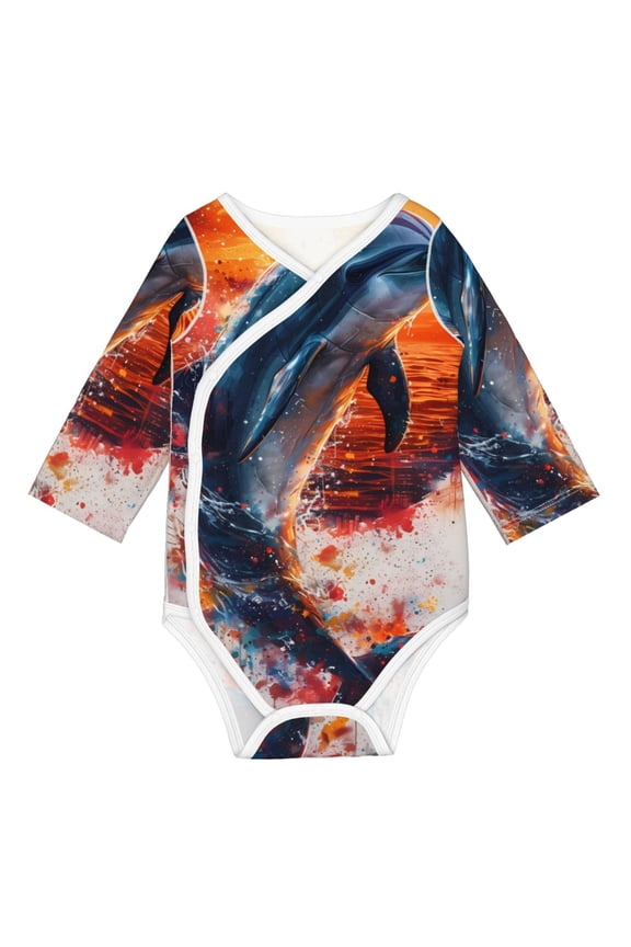 Sunset Ocean Watercolor Dolphin for Baby Long Sleeve Bodysuits One-piece 100% Organic Cotton for Infant Baby Boys and Grils, Unisex-