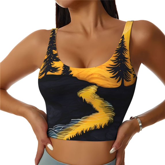 Honeii Sunset River Pine Trees Patten Workout Crop Tank Top for Women Yoga Tank Tops Athletic Sports Shirts Exercise Undershirts,Sports Bra,Sports vest-Small