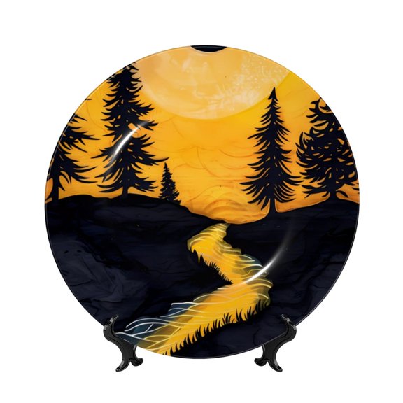 Honeii Sunset River Pine Trees Print Elegant Bone China Decorative Plate, Porcelain Plate,Art Crafts,Ceramic Ornaments for Home Office Wall Decor-7in