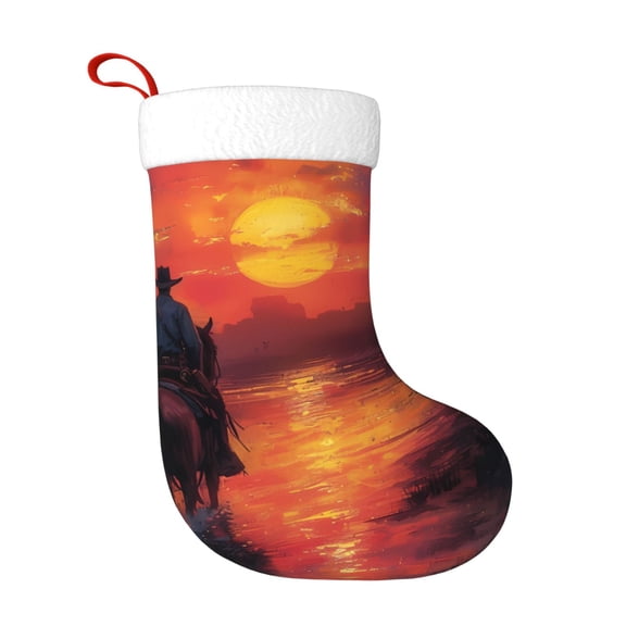 Honeii Sunset River Western Cowboy for Christmas Stocking,Large Xmas Stocking,Holiday and Family Stocking for Fireplace Christmas Holiday Party Decoration