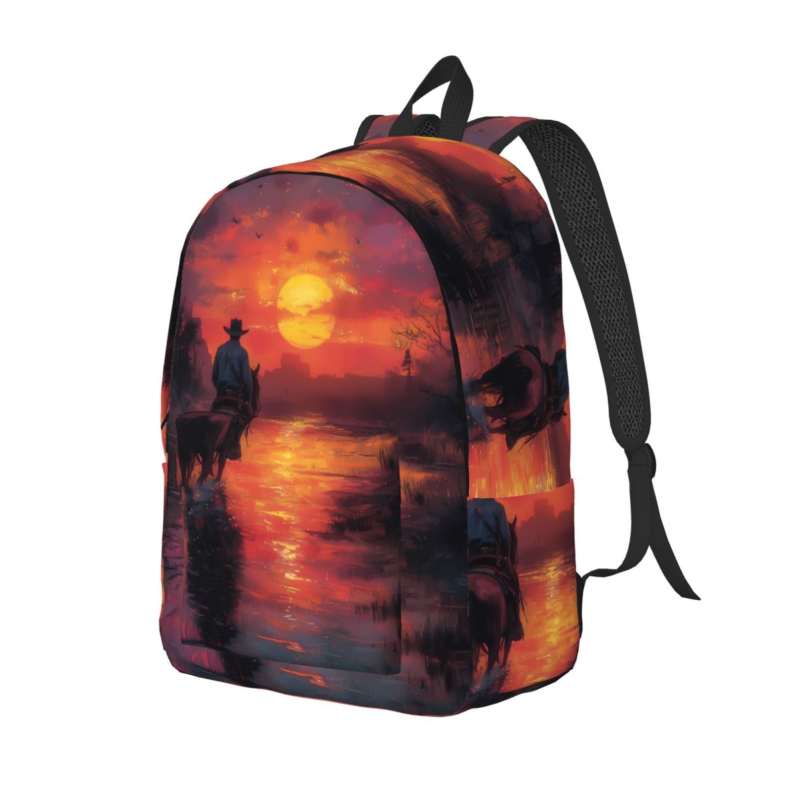 Honeii Sunset River Western Cowboy Print Canvas Backpack for School ...