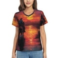 thumbnail image 1 of Honeii Sunset River Western Cowboy Print Women's Classic V-Neck T-Shirt,Womens Fashion Tops,Stylish Everyday Top for Women, Casual Summer Spring Outfits Clothes-Medium, 1 of 5